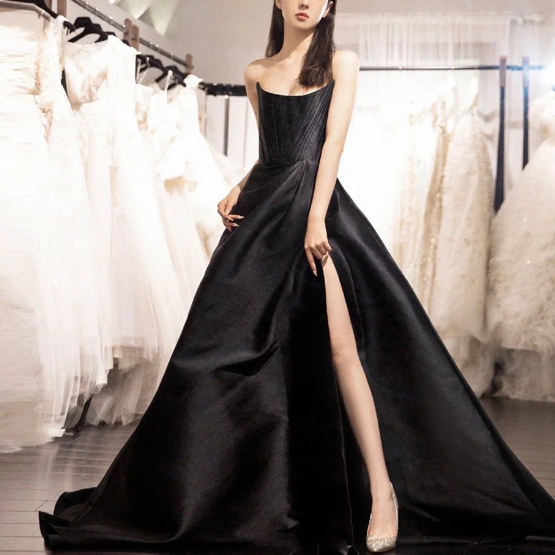 Scoop Neck A-line Black Wedding Dress Bridal Gown with Leg Slit Score Big On Glamorous Red - Carpet Styles