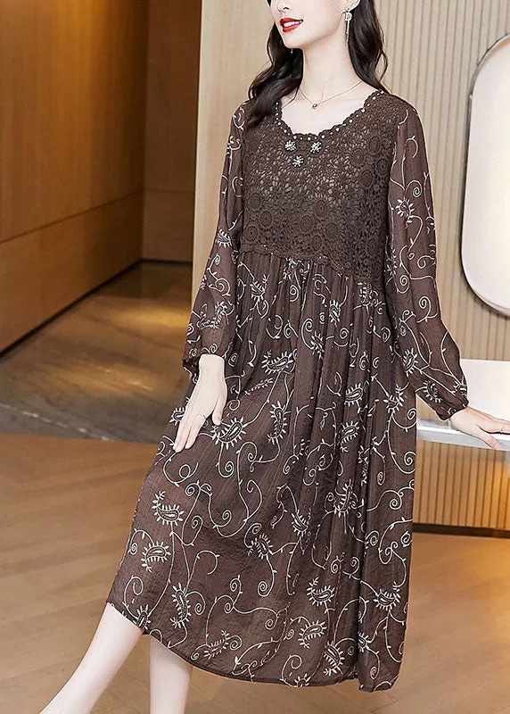 Women Chocolate Wrinkled Lace Patchwork Chiffon Loose Dresses Long Sleeve Winter Warm - Up Sale