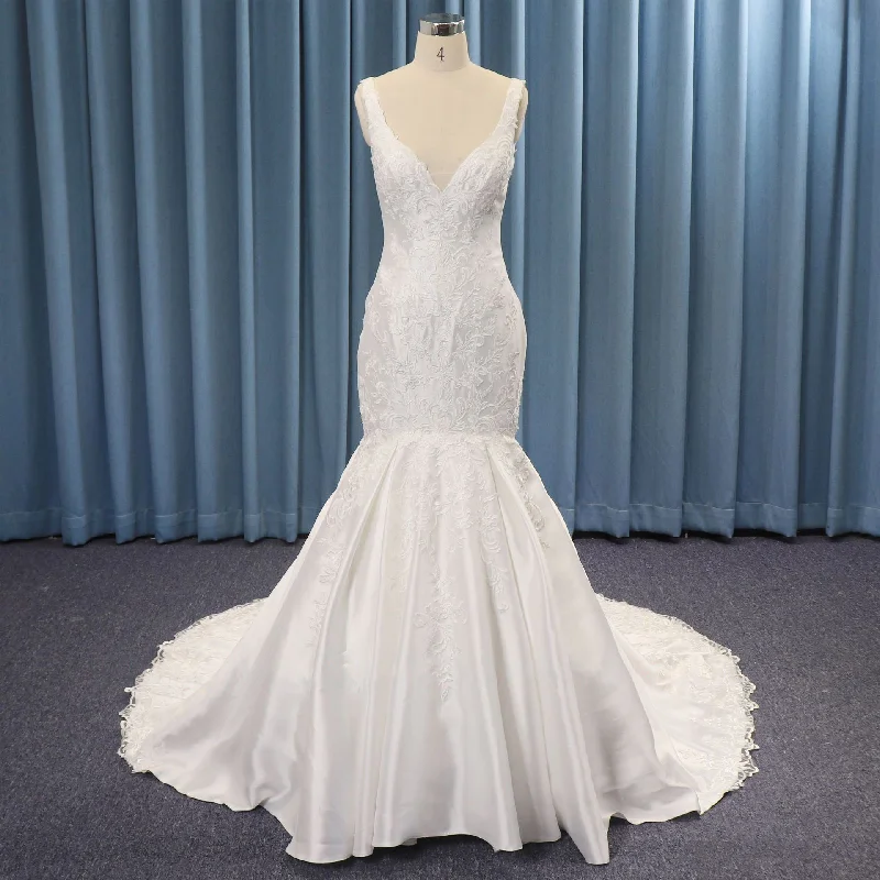 Tank Strap Deep V-neck Satin Lace Trumpet Wedding Dress End Of Season Sale