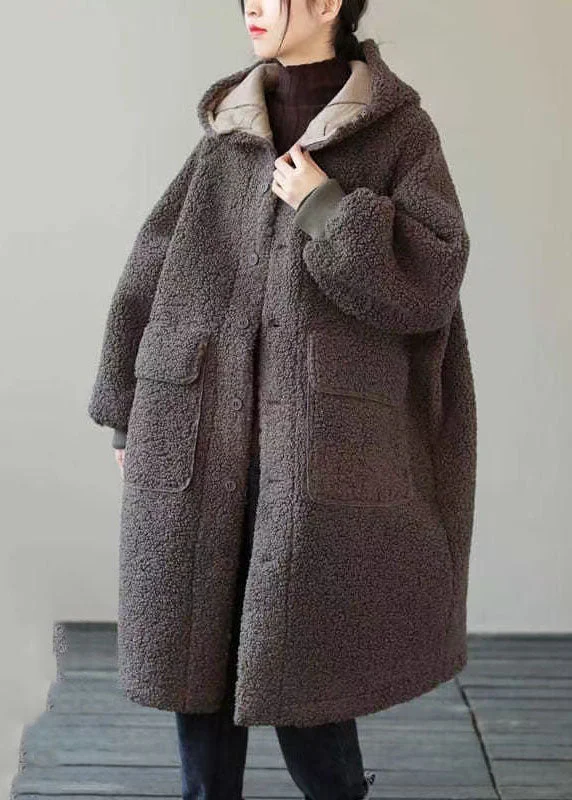 Fashion Coffee Button Pockets Warm Faux Fur Hooded Coat Long Sleeve Romantic Date - Night Ensemble