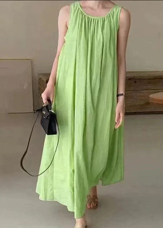 Bohemian Green O Neck Patchwork Wrinkled Cotton Dress Sleeveless End Of Season Sale