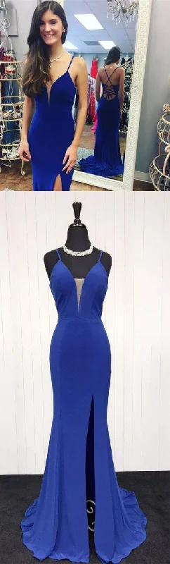 Sexy Spaghetti Straps Royal Blue Split Side Prom Dresses Evening Gowns For Women   cg14284 Save On Classic Elegant Styles