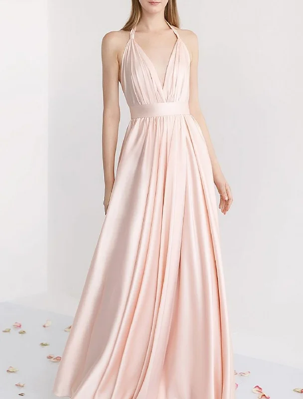 A-Line Bridesmaid Dress Halter Sleeveless Pink Floor Length Stretch Satin with Ruching / Solid Color Mid - Season Sale