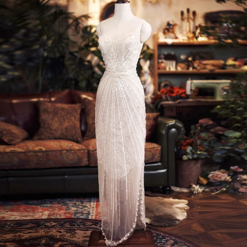 Sweetheart Sparkly Sheer Sheath Wedding Dress with Leg Slit Effortless Sophistication