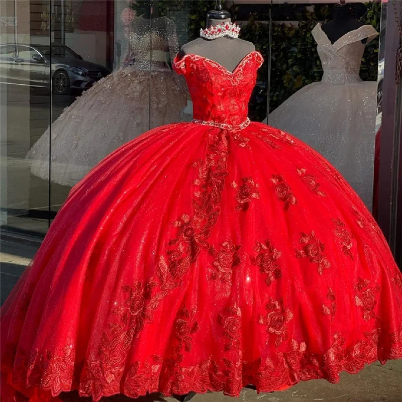 Vintage Red Ball Gown Off the shoulder Prom Dresses with Cap Short Sleeves Lace Applique Prom Dresses         cg23770 Wardrobe Update