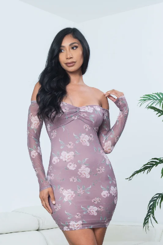 Floral Print Long Sleeve Off Shoulder Ruched Bust Bodycon Mini Dress in Mauve (CD54542) Holiday Sale