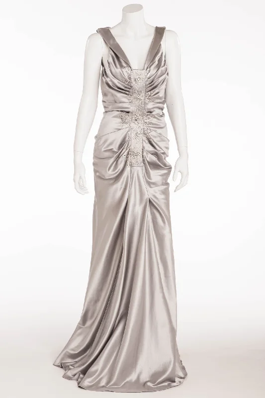 Christian Dior - Elegant Silver Satin Gown with Embellishments and Ruching  - FR 40 Feminine Flow