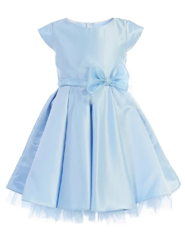 Little Girls Light Blue Full Pleated Satin Bow Flower Girl Dress 2-6 Pastel Styles