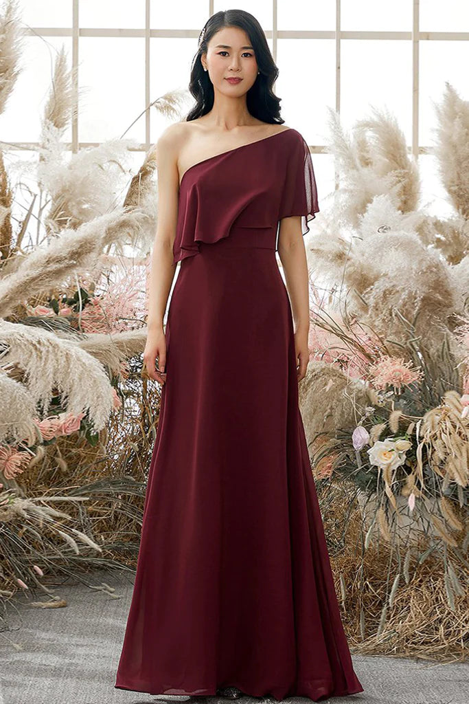 Shelby Natural Waist A-Line/Princess One Shoulder Floor Length Chiffon Sleeveless Bridesmaid Dresses Playful Elegance