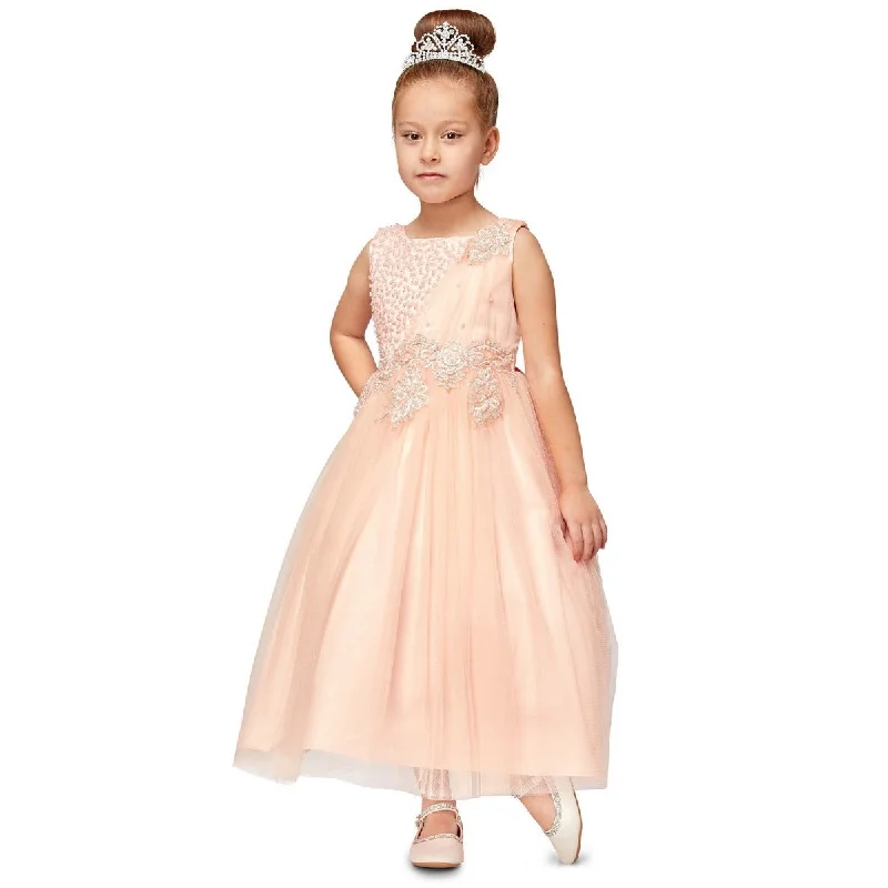 Little Girls Blush Pearl Bead Coiled Lace Satin Tulle Flower Girl Dress 4-6 Elegant Contour