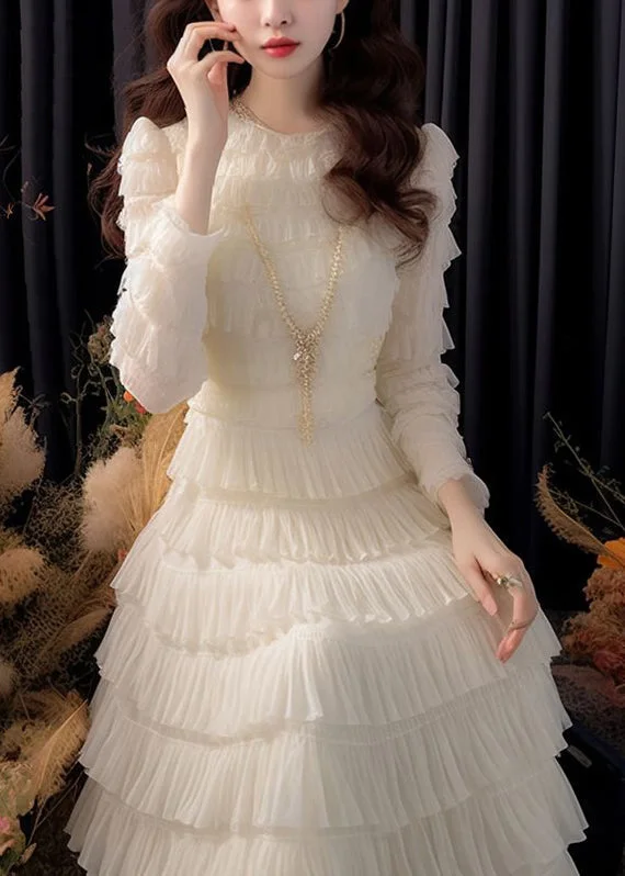 Italian White Solid High Waist Chiffon Dresses Long Sleeve Mid - Week Surprise