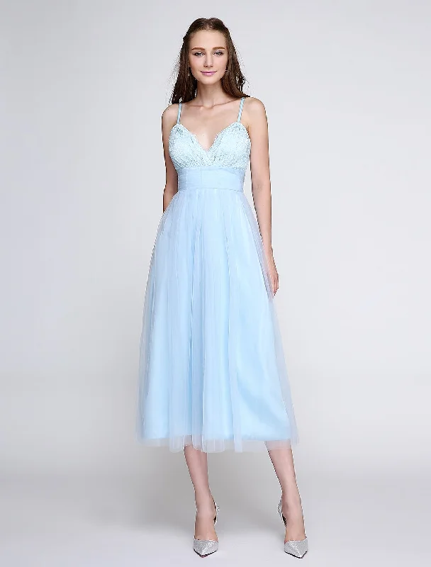 A-Line Spaghetti Strap Tea Length Lace / Tulle Bridesmaid Dress with Lace Flash Deals