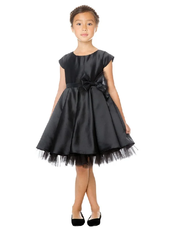 Little Girls Black Full Pleated Satin Bow Flower Girl Dress 2-6 End Of Season Sale