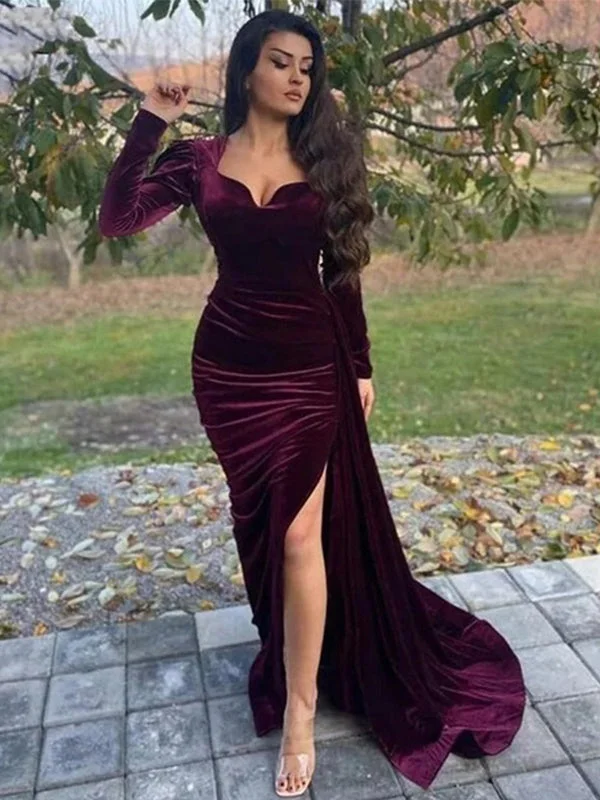 Elegant Maroon Velvet V-neck Long Sleeves Side-slit Mermaid Long Train Prom Dress, PD3217 Fashion-Forward Style