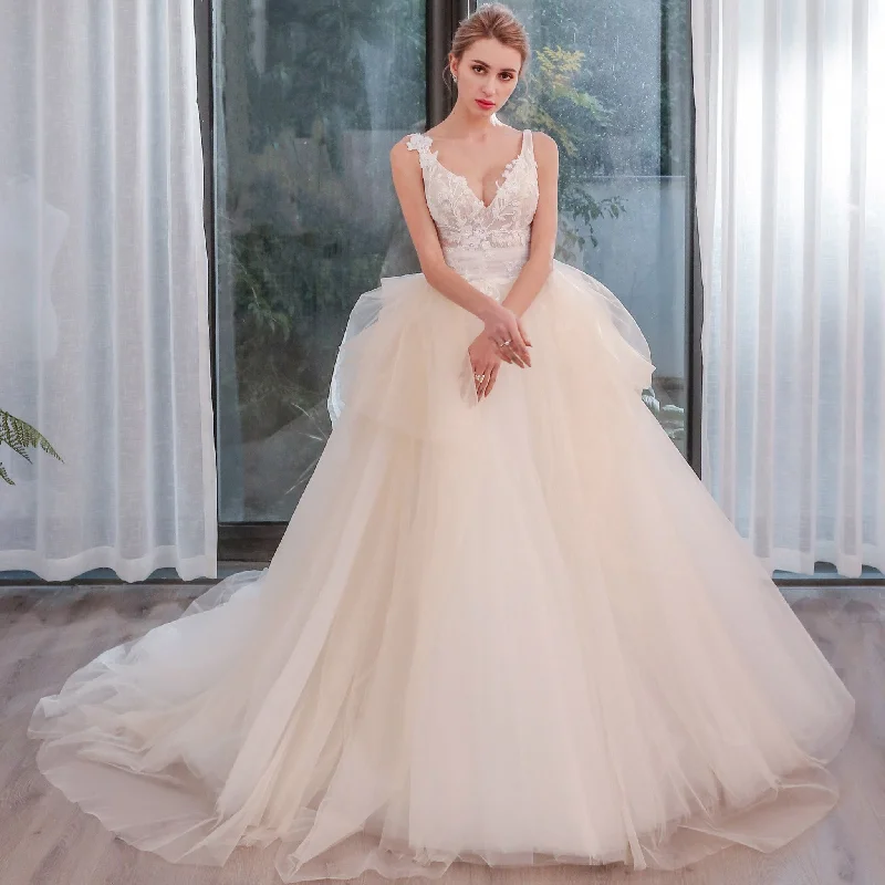 Tulle Tank V-Neck Ball Gown Wedding Dress With Layered Skirt Contemporary Elegance