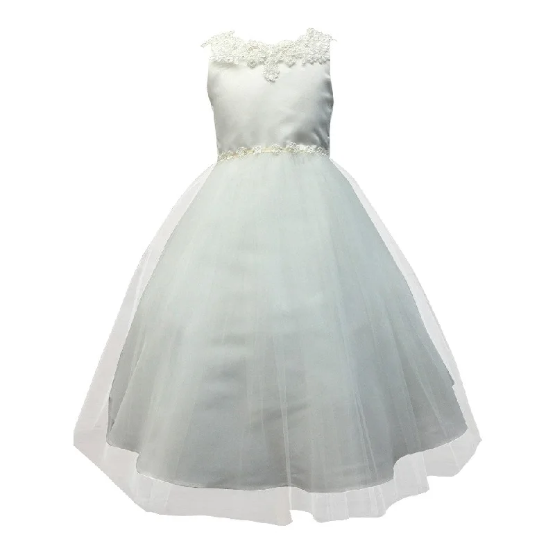 Little Girls Ivory Satin Tulle Decorated Flower Girl Dress 2T-6 Update With Cottagecore Styles