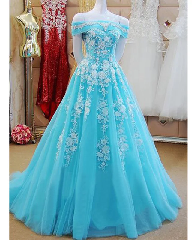 Turquiose Off the Shoulder Formal Gowns Prom Dresses Long with Lace Buy More, Save More