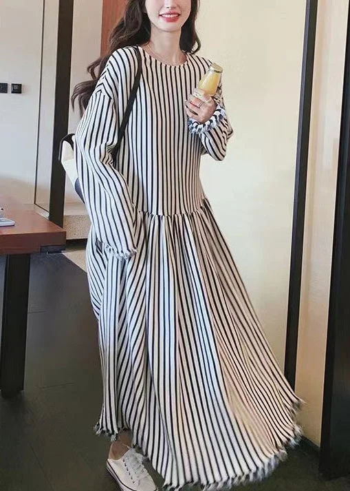 Chic O Neck Striped Patchwork Cotton Long Dresses Long Sleeve Hollywood Glam Award - Show Style