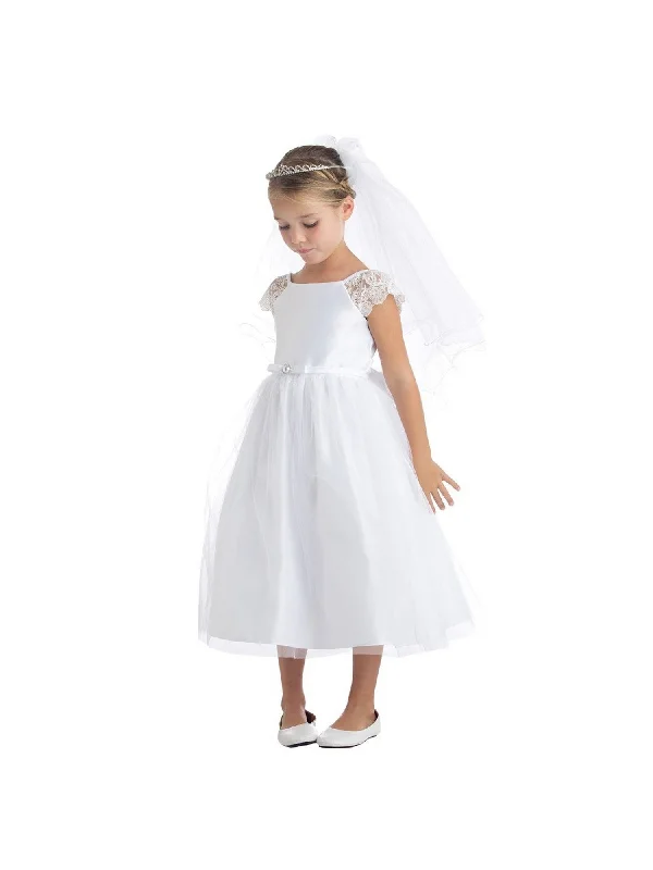 Little Girls White Satin Lace Pearl Brooch Flower Girl Dress 2-6 Spring Wardrobe