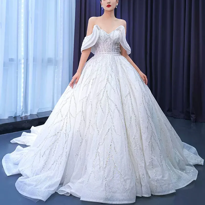 Modest Sparkly Puffy Skirt Ball Gown Wedding dress with Off the Shoulder Romantic Date - Night Ensemble