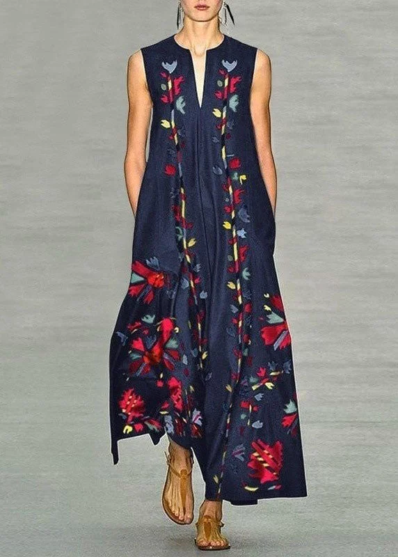 New Navy V Neck Print Chiffon Long Dress Sleeveless Style Upgrade