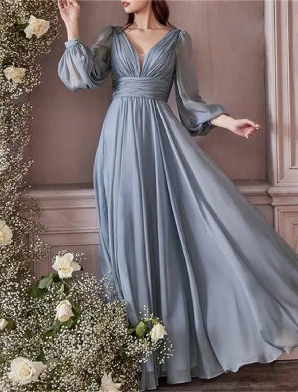 A-Line Bridesmaid Dress V Neck Long Sleeve Blue Floor Length Chiffon with Ruching / Solid Color Now On Sale For Chic Urban Styles