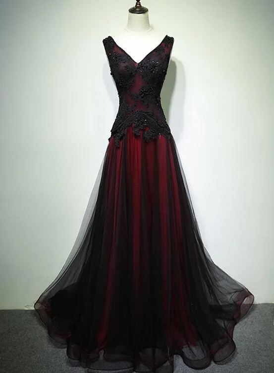 Gorgeous Black And Red V-Neckline Tulle Beaded Prom Dress, Long Evening Gown   cg11267 Feminine Soft - Hued Styles