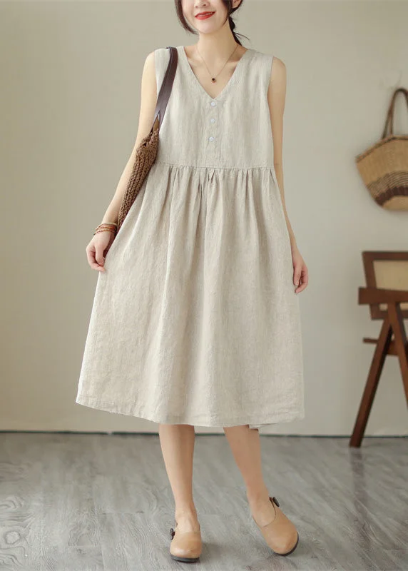 Beige O-Neck Solid Cotton Long Dress Sleeveless Playful Elegance