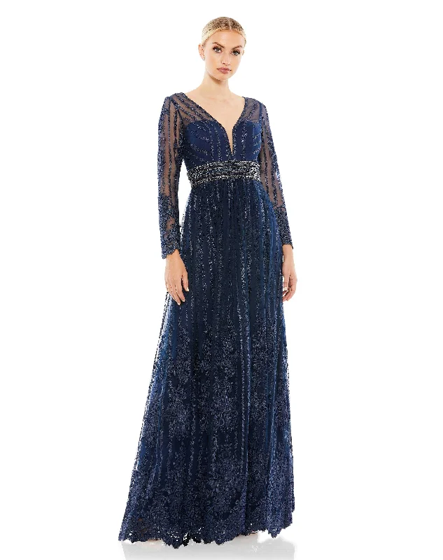 Long Sleeve Floral Illusion Beaded Gown Anniversary Sale