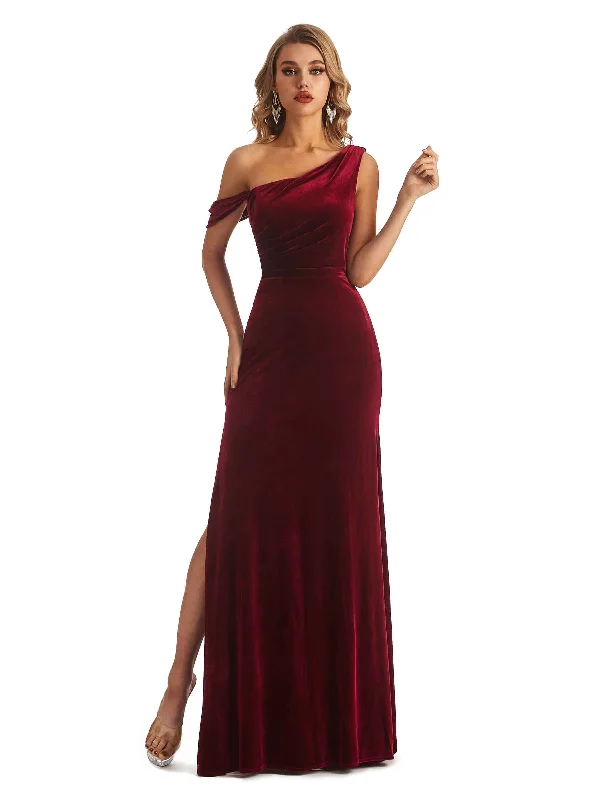 Elegant Mermaid Asymmetrical Side Slit Velvet Long Wedding Guest Dresses Anniversary Sale