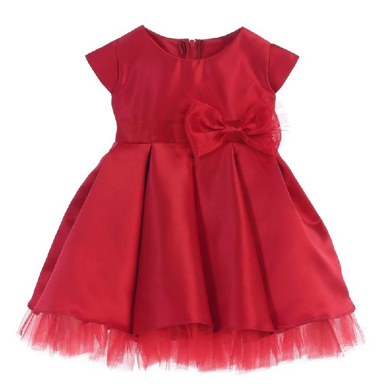 Baby Girls Red Satin Full Pleated Bow Accent Christmas Dress 6-24M Budget-Friendly Fashion