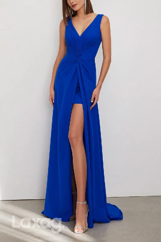 22972 - V-Neck Sleeveless Cocktail Party Formal Evening Dress with Slit and Train Fashion-Forward Style