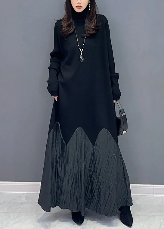 New Black Turtleneck Patchwork Cotton Long Dress Long Sleeve Weekend Special