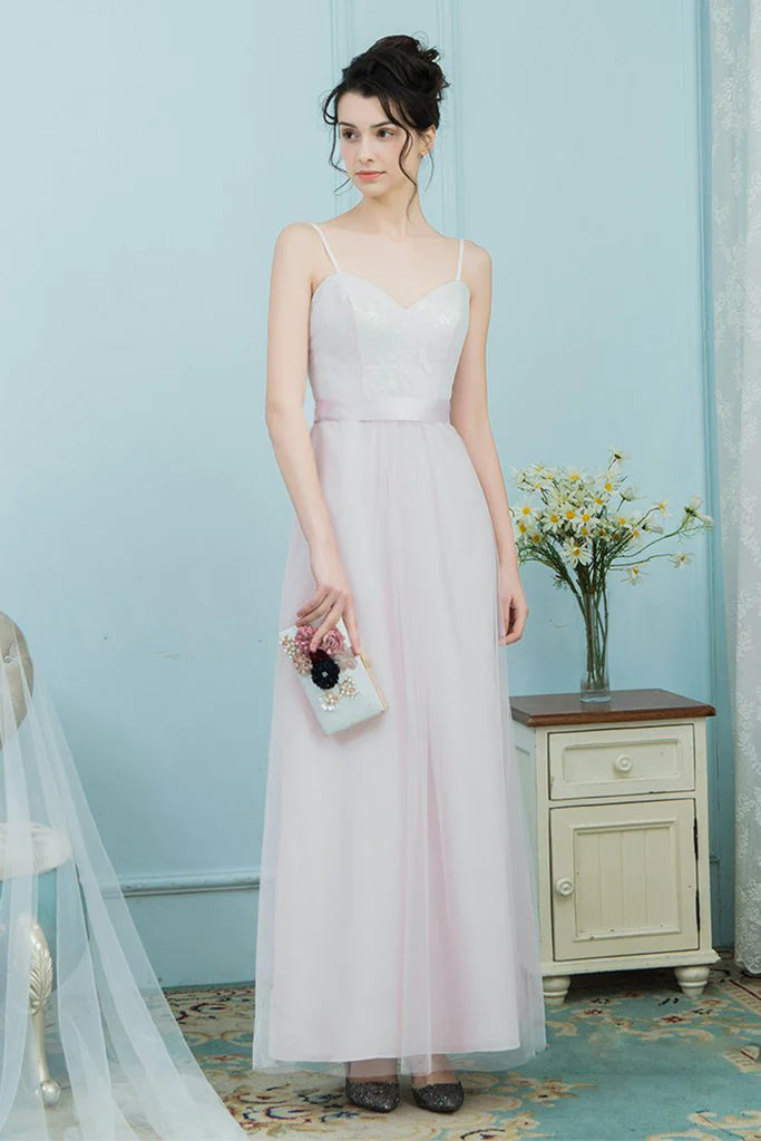 Kaitlin Natural Waist Spaghetti Straps Sleeveless A-Line/Princess Tulle Floor Length Bridesmaid Dresses Chic Style