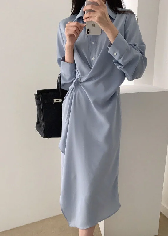 Elegant Blue Asymmetrical Cotton Holiday Dress Long Sleeve Minimalist Office - Ready Style