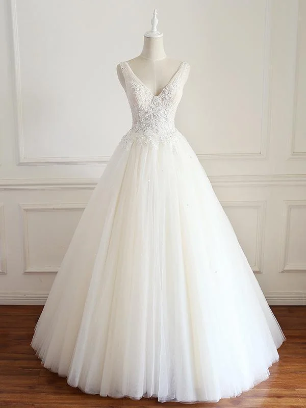 V-neck Lace Beaded Long A-line Tulle Wedding Dresses Last Chance Sale