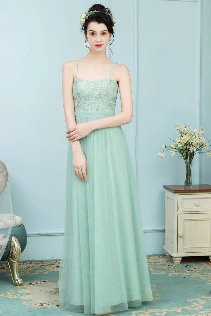 Mina Tulle A-Line/Princess Floor Length Natural Waist Sleeveless Spaghetti Straps Bridesmaid Dresses Summer Essentials