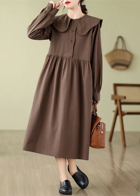 Boho Coffee Wrinkled Button Long Dress Long Sleeve Budget-Friendly Fashion