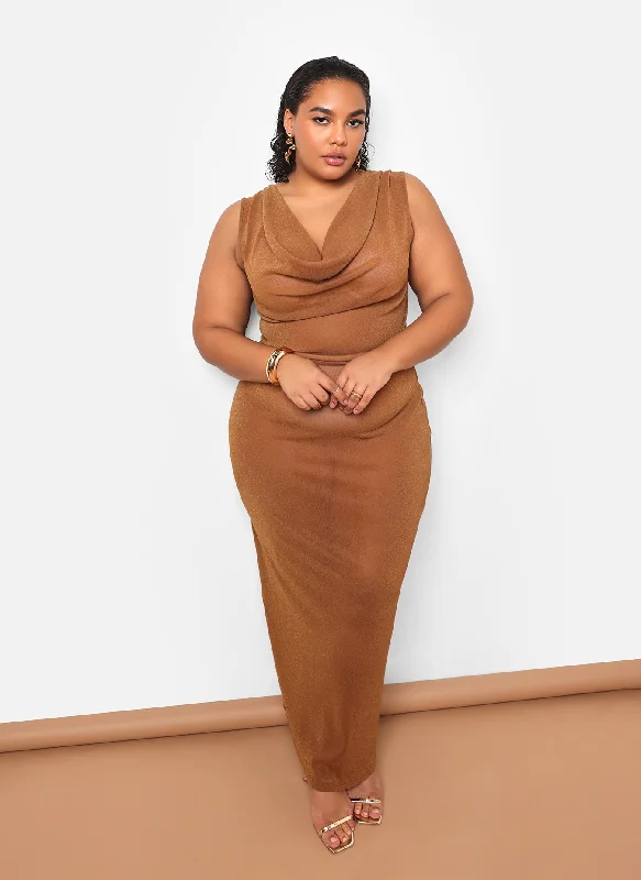 Samira Sheer Glitter Mesh Cowl Neck Maxi Bodycon Dress - Mocha Limited Styles