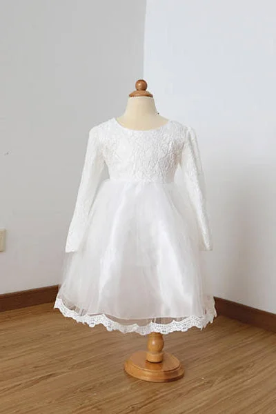 A Line Long Sleeves Ivory Lace Tulle Flower Girl Dresses with Lace Edge and Bowknot F021 Limited Time Deal