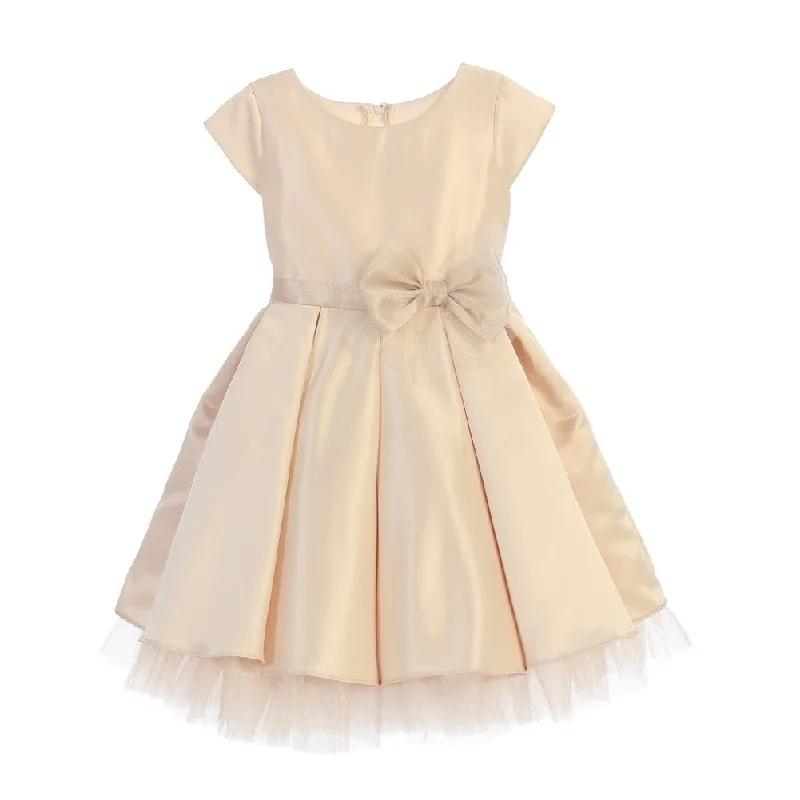 Big Girls Champagne Satin Full Pleated Bow Christmas Dress 7-12 Spring Wardrobe