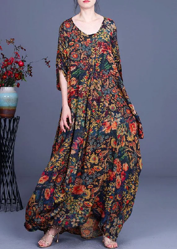 French Print O-Neck long sleeve Silk Dresses Summer Clearance Event