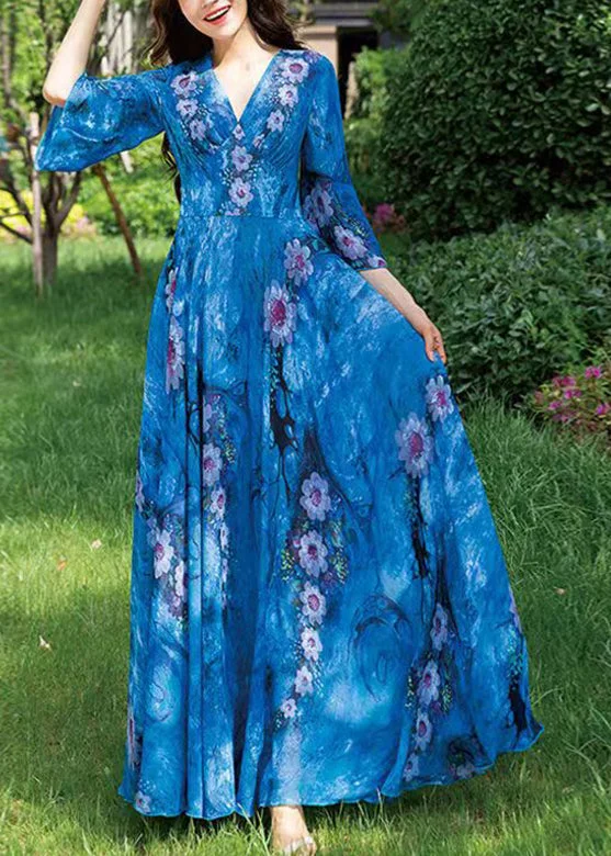 Natural Blue V Neck Print Chiffon Long Holiday Dress Long Sleeve Limited - Stock