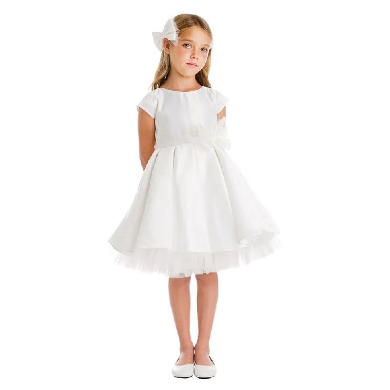 Little Girls Off-White Full Pleated Satin Bow Flower Girl Dress 2-6 Chic Style