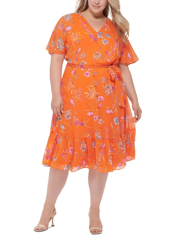 Plus Womens Floral Print Polyester Midi Dress First Order Discount