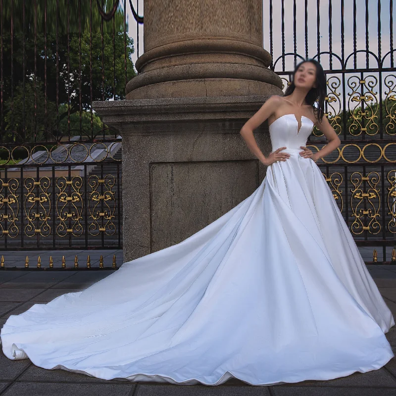 Satin Strapless Wedding Dresses with Plunging and Ball Gown Skirt Save On Classic Elegant Styles