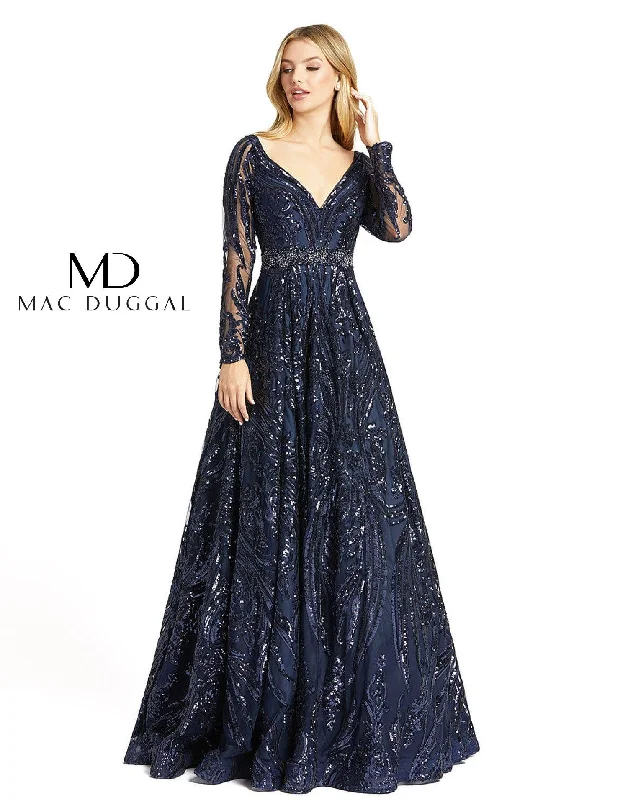 Mac Duggal Long Sleeve Embellished V Neck Ball Gown Feminine Flow