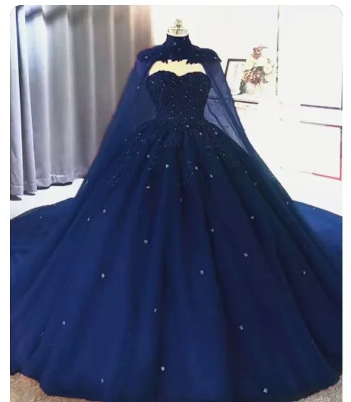 Elegant Lace embroidery tulle beaded quinceanera prom dresses navy blue ball gown with cape   cg24807 Anniversary Sale