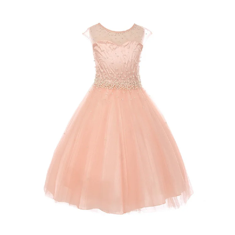 Little Girls Blush Pearl Rhinestone Satin Tulle Illusion Flower Girl Dress 4-6 Dreamy Draping