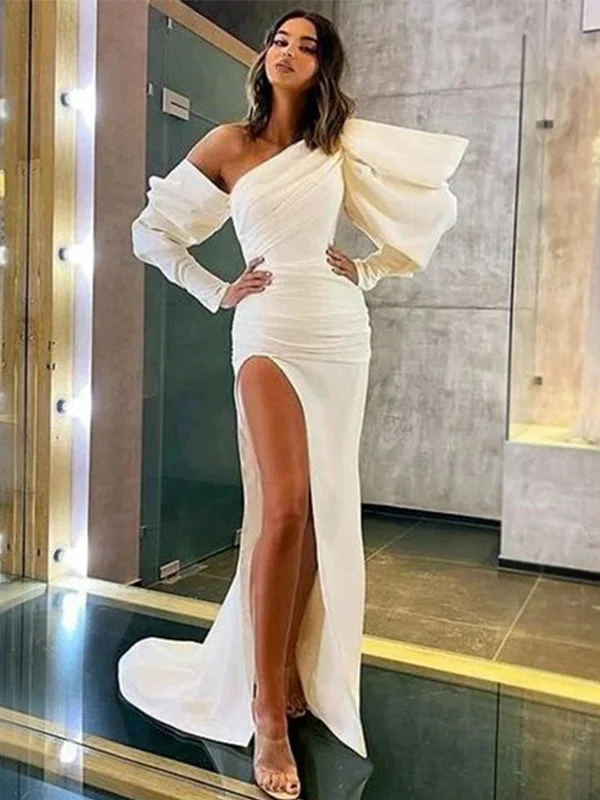 Beige One-shoulder Long Sleeves Side-slit Long Mermaid Prom Dress, PD3220 Playful Elegance